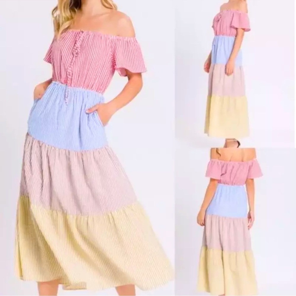 Urban Outfitters Midi Dress Colorblock Seersucker Striped Off Shoulder Sz M